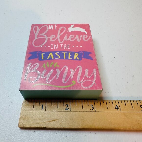 WE BELIEVE IN THE EASTER BUNNY wood block sign decoration glitter Easter decor - Picture 3 of 10